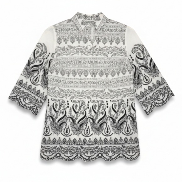 Chico's Tops - CHICO'S Paisley‎ Eyelet Shirt Black White Cotton Sz OP - 2P Boho Romantic Blouse